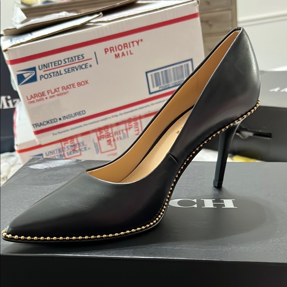 Coach Black and Gold Heels with Pointed Toe 7.5